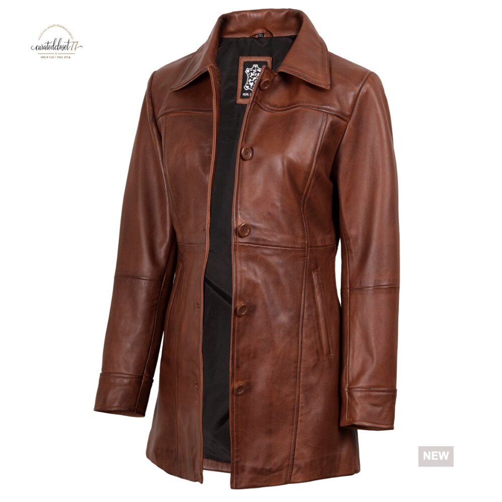 Vintage Lambskin Leather Car Coat Elegant Fitted Long Jacket Chic Classic